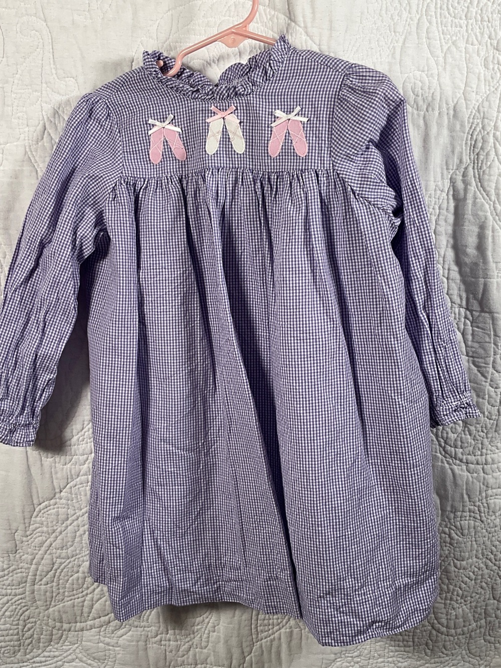 Girls' Lavender Gingham Dress with Ballet Shoe Appliqués